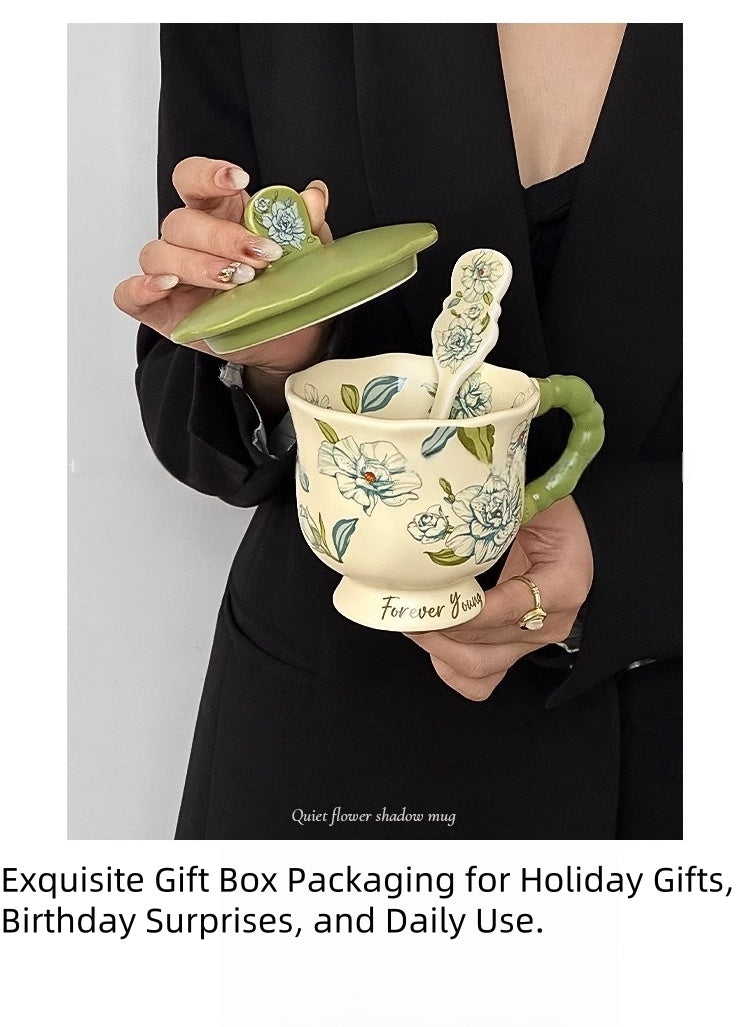 Blue-Green Floral Mug Gift Set - 390ML Under Glaze Ceramic Cup with Lid & Spoon.Exquisite Gift Box Packaging for Holiday Gifts, Birthday Surprises, and Daily Use.