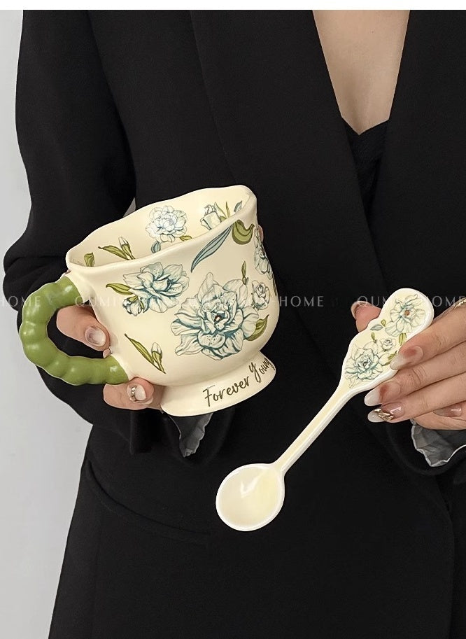 Blue-Green Floral Mug Gift Set - 390ML Under Glaze Ceramic Cup with Lid & Spoon.Exquisite Gift Box Packaging for Holiday Gifts, Birthday Surprises, and Daily Use.